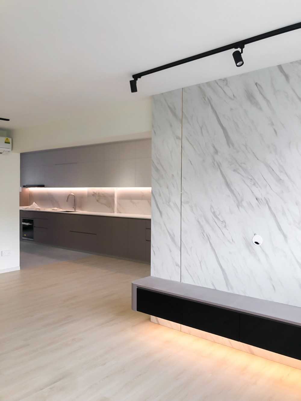 Scandinavian Living Room with TV Console and Feature Wall