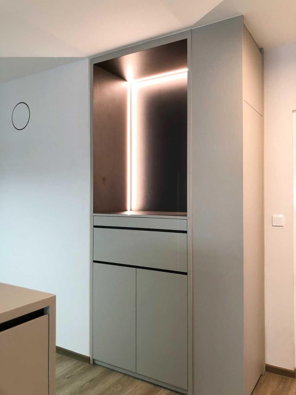 Scandinavian Foyer with Paintings and Storage Cabinets
