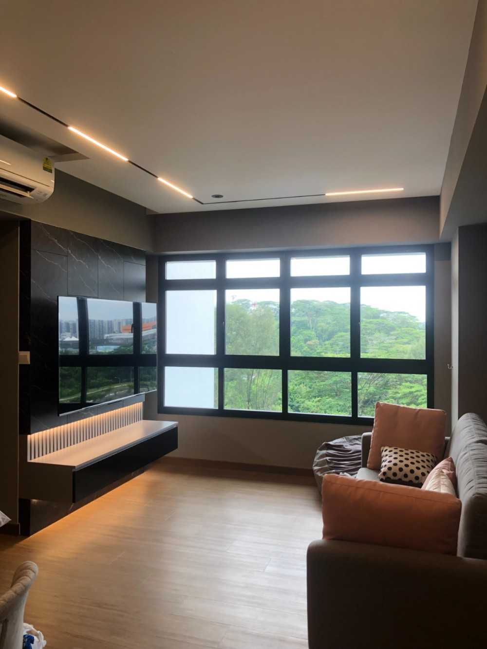 Modern Living Room with TV Console and Window Grille