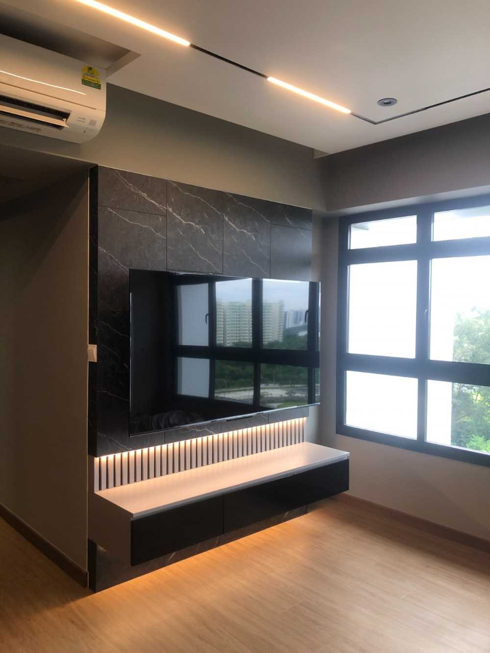 Modern Living Room with TV Console and Window Grille