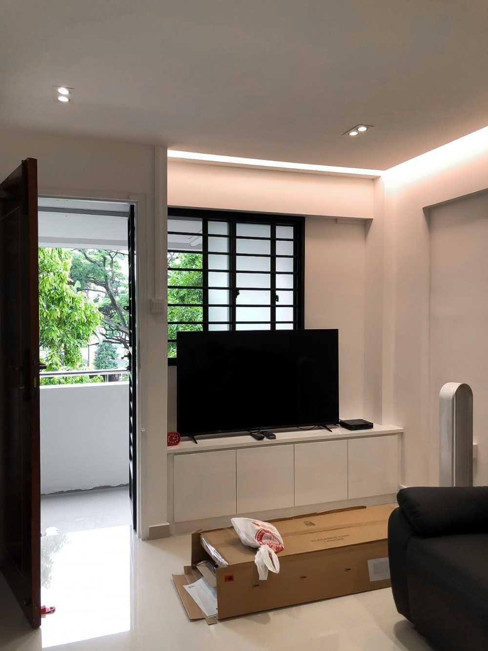 Scandinavian Foyer with TV Console and Window Grille