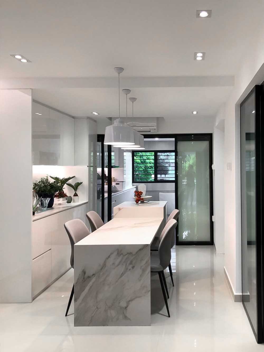 Scandinavian Dining Room with Glass Door and Dining Table