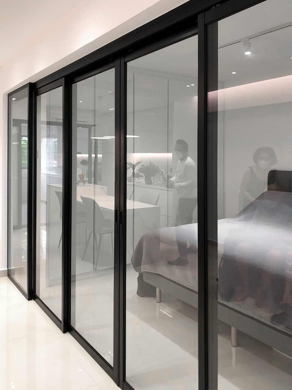 Scandinavian Bedroom with Glass Door and Flooring