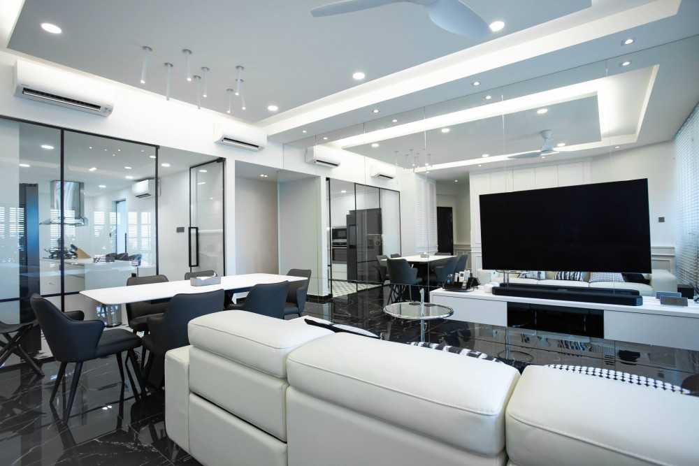Scandinavian Living Room with Homogeneous Tiles and TV Console