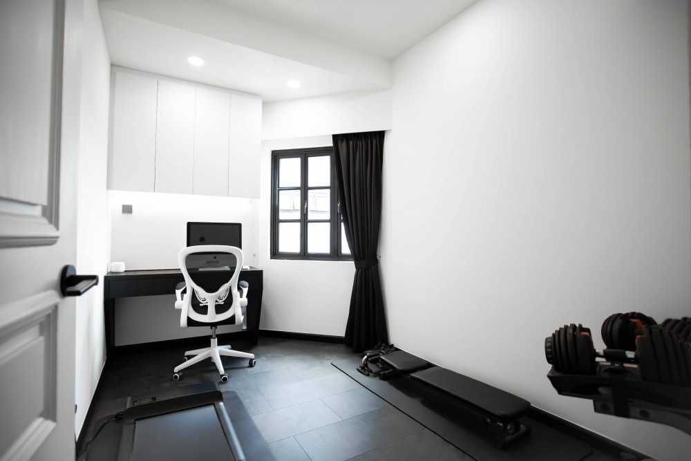 Scandinavian Home Gym with Seating Bench and Storage Cabinets