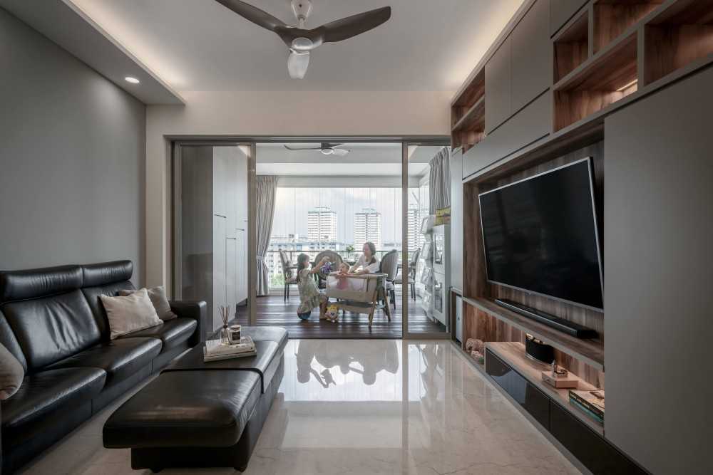 Contemporary Living Room with Bookshelf and Marble Floor