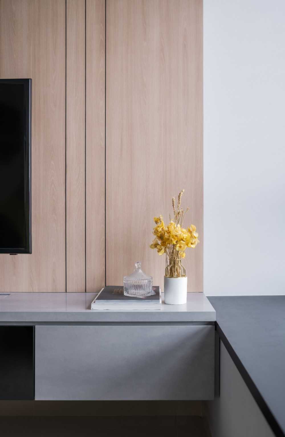 Modern Living Room with Homogeneous Tiles and TV Console