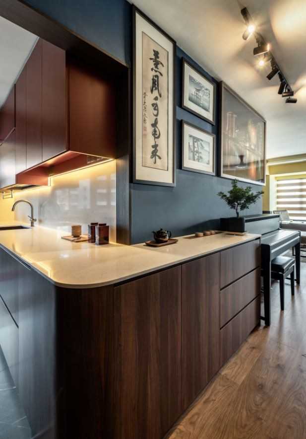 Asian Kitchen with Cupboard and Breakfast Counter