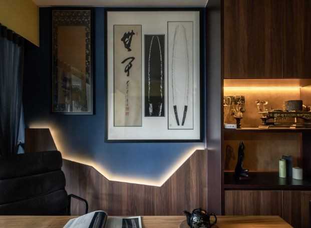 Asian Study with Bookshelf and Cove Lighting