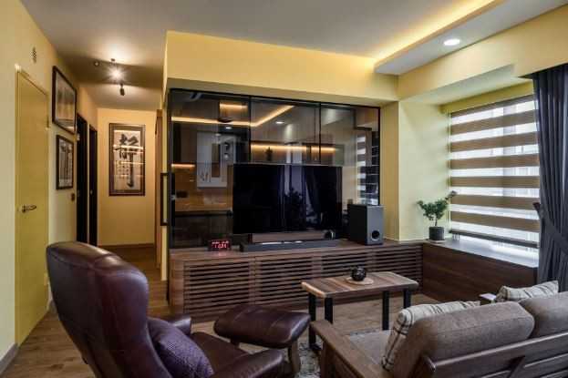 Asian Living Room with Bookshelf and TV Console