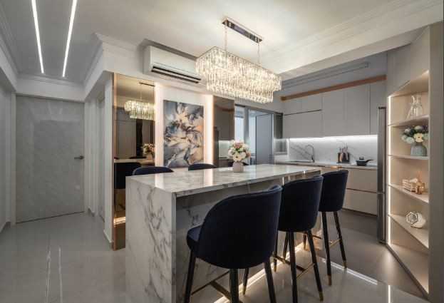 Modern Dining Room with Cove Lighting and Chandelier