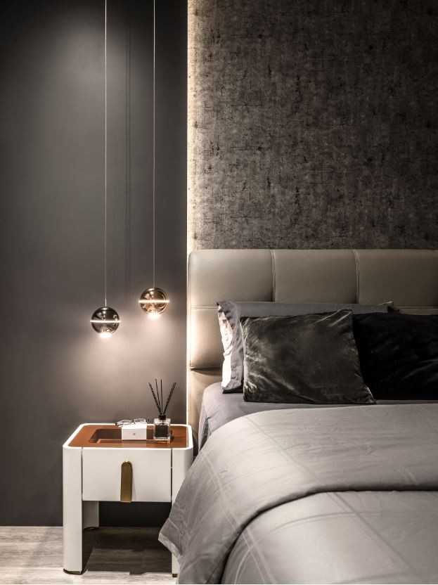 Contemporary Bedroom with Drop Light and Bed