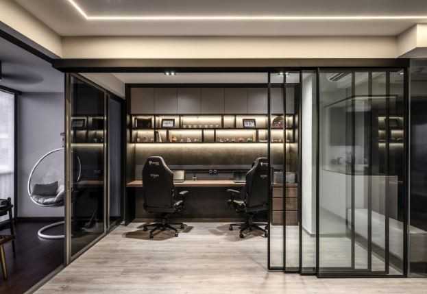 Contemporary Study with Bookshelf and Drop Light