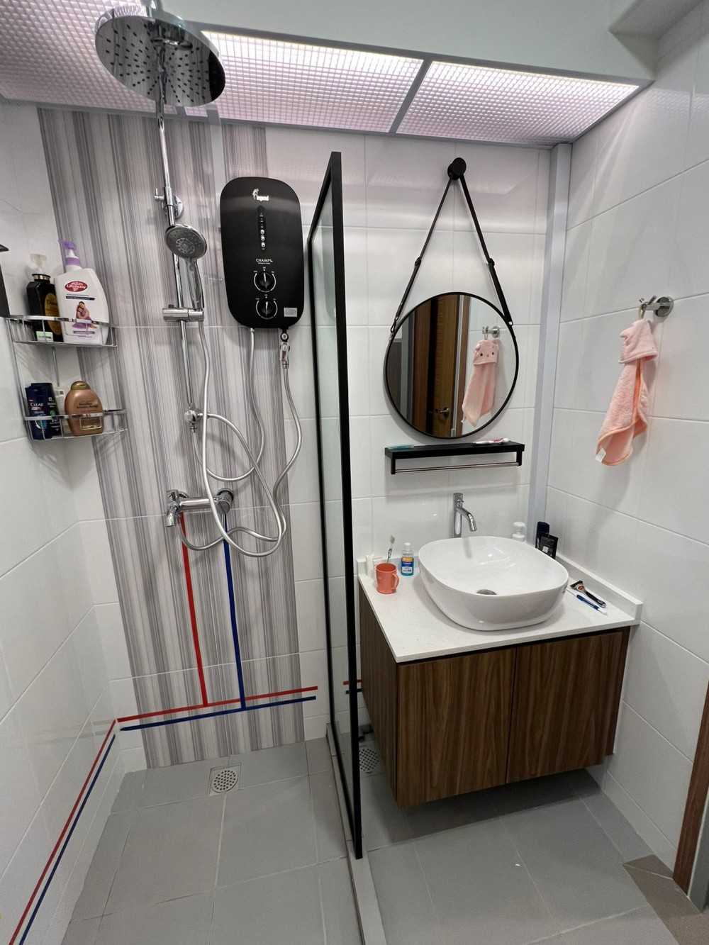 Scandinavian Bathroom with Shower Screen and Bathroom Storage