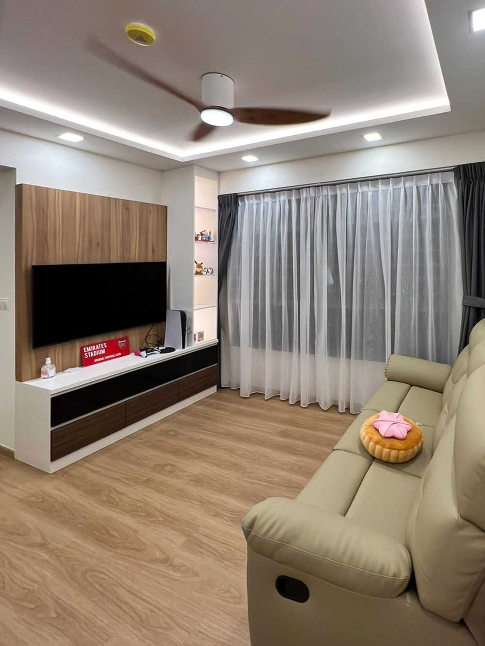 Scandinavian Living Room with TV Console and Window Grille