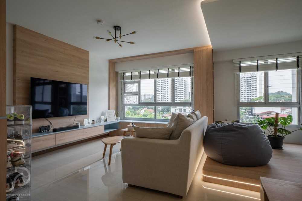 Scandinavian Living Room with TV Console and Feature Wall