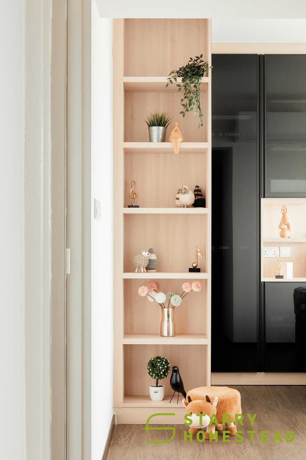 Scandinavian Bedroom with Wall Shelves and Flooring