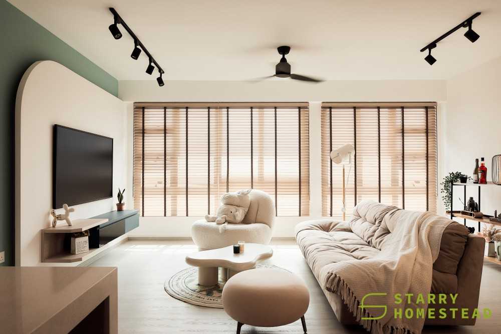 Scandinavian Living Room with Wood Flooring and TV Console