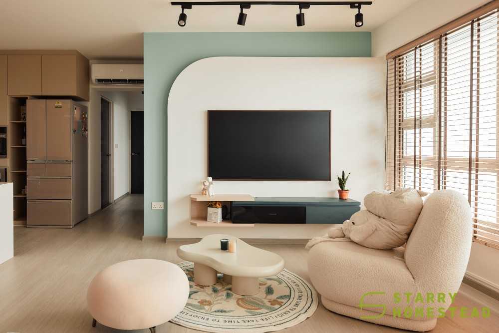 Scandinavian Living Room with Wood Flooring and TV Console