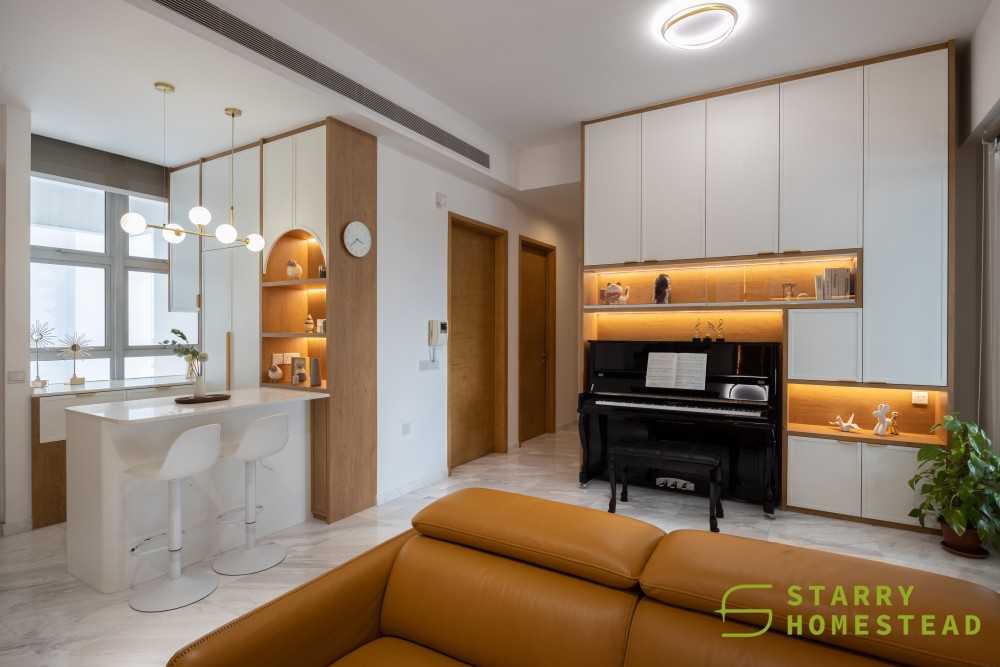 Scandinavian Living Room with Drop Light and Display Cabinets