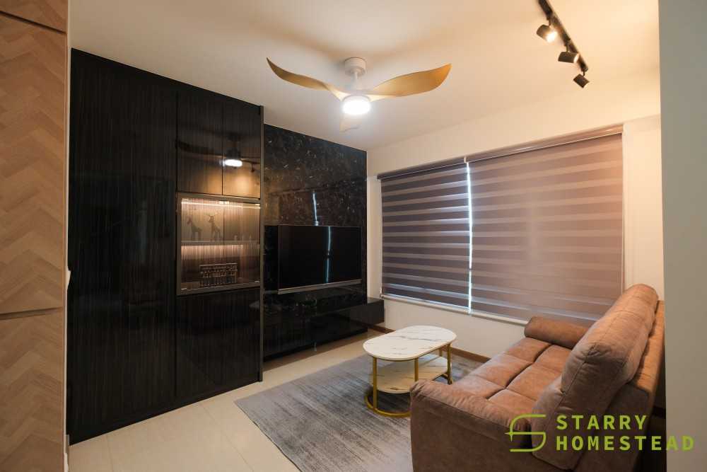 Scandinavian Living Room with Feature Wall and Display Cabinets