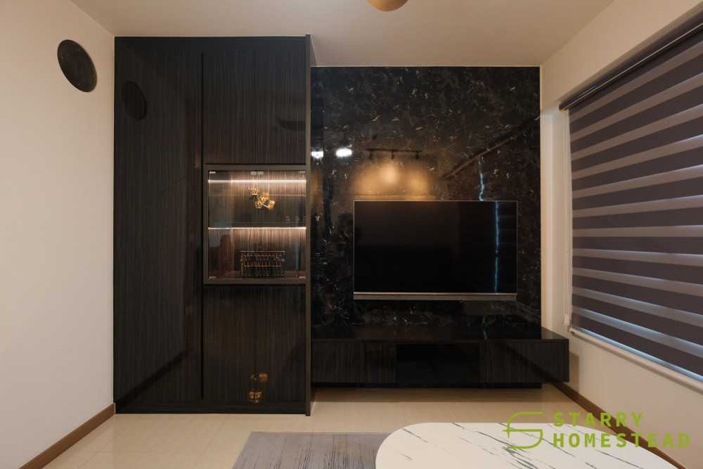 Scandinavian Living Room with Feature Wall and Display Cabinets