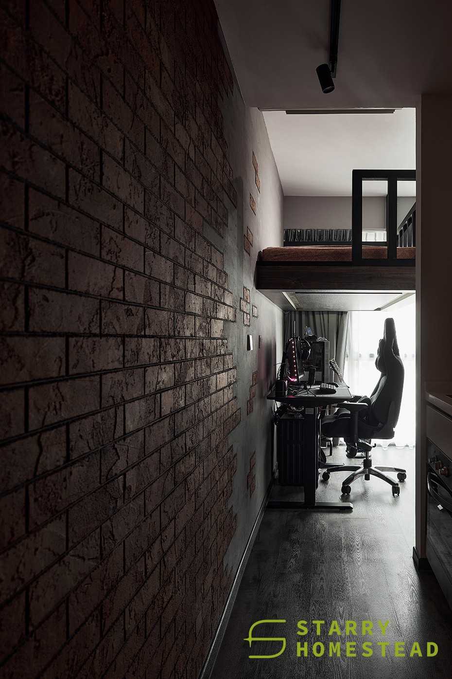 Industrial Bedroom with Feature Wall and Flooring