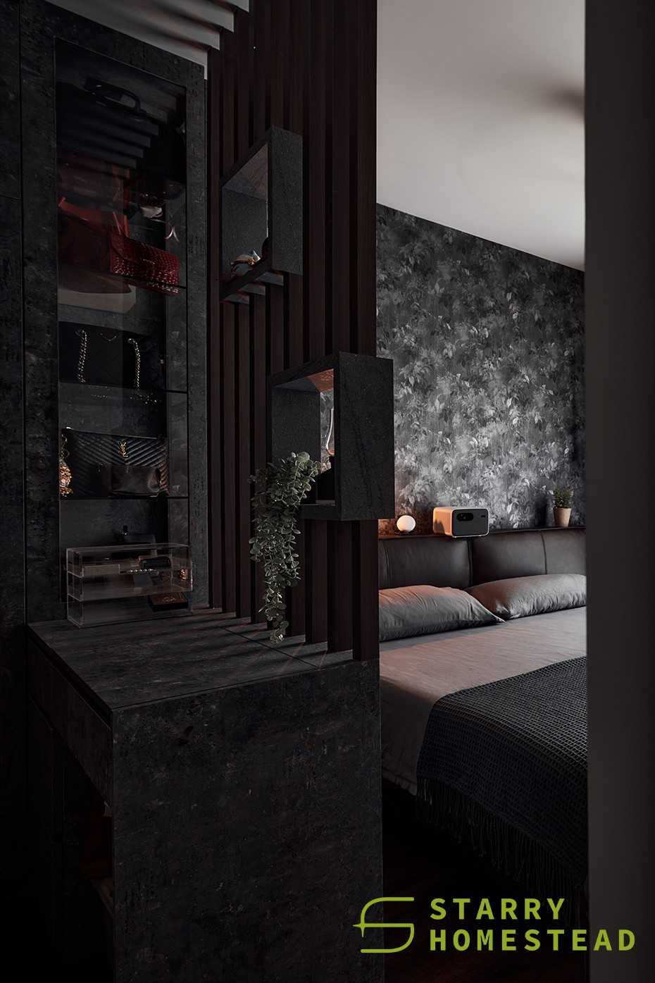 Industrial Bedroom with Wallpaper and Display Cabinets