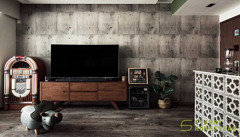 Industrial Living Room with TV Console and Flooring