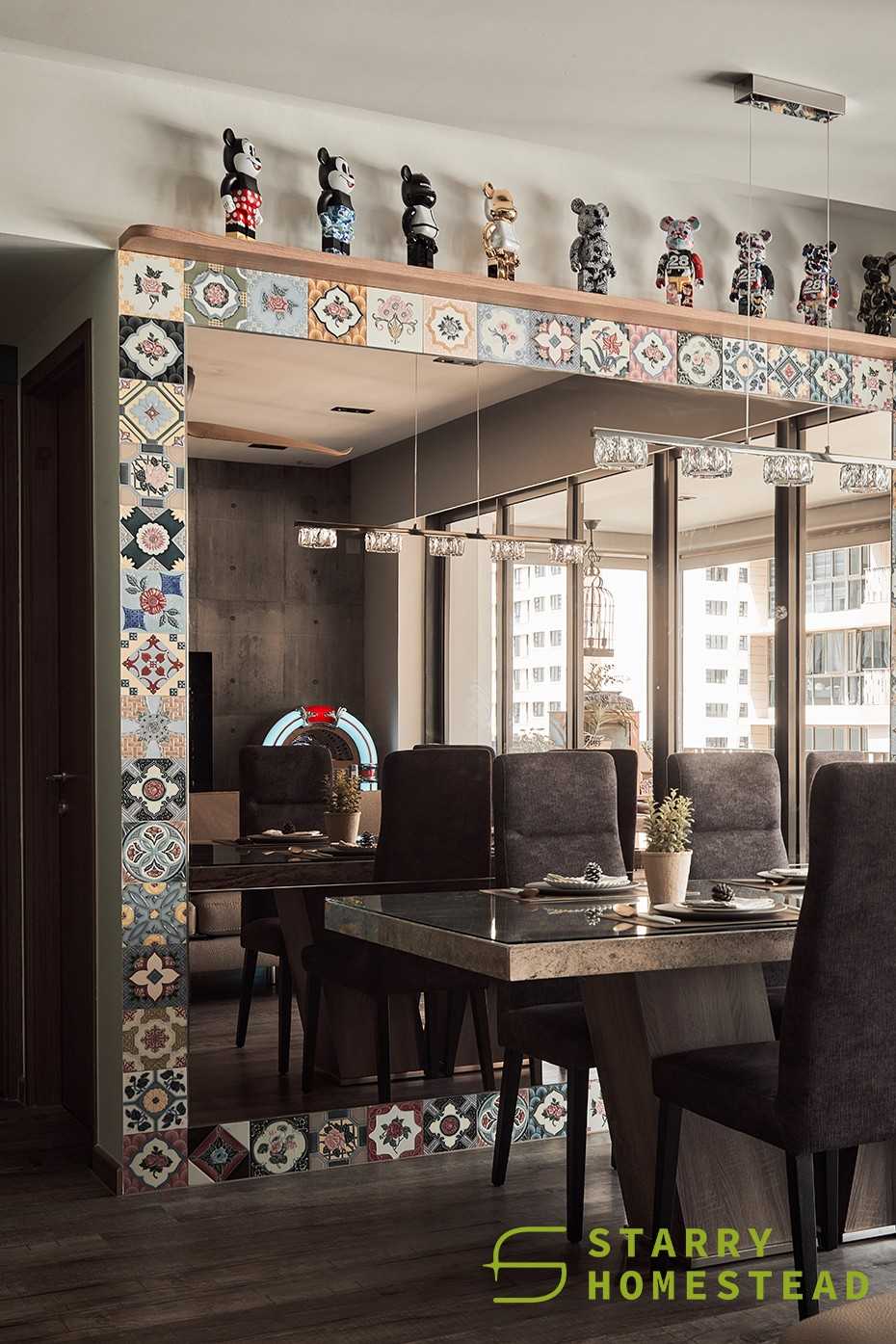 Industrial Dining Room with Drop Light and Mirror