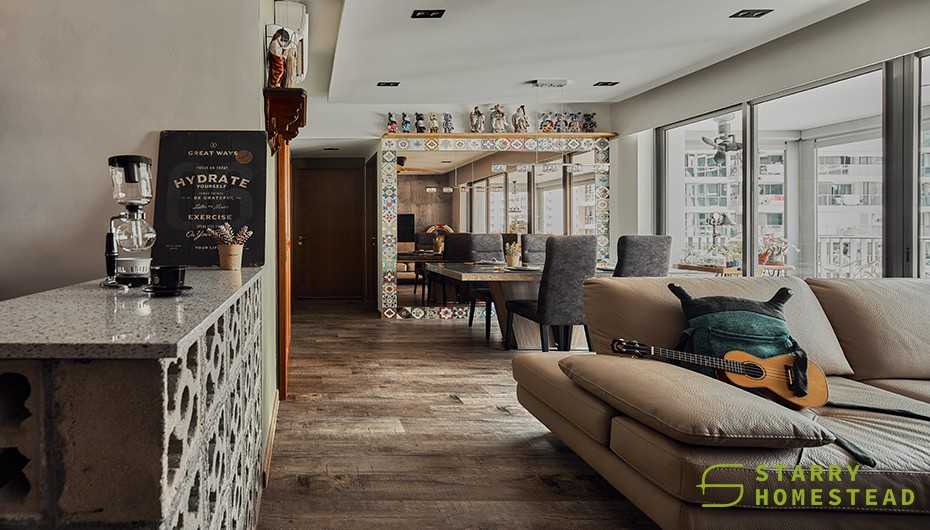 Industrial Living Room with Ceiling Light and Flooring