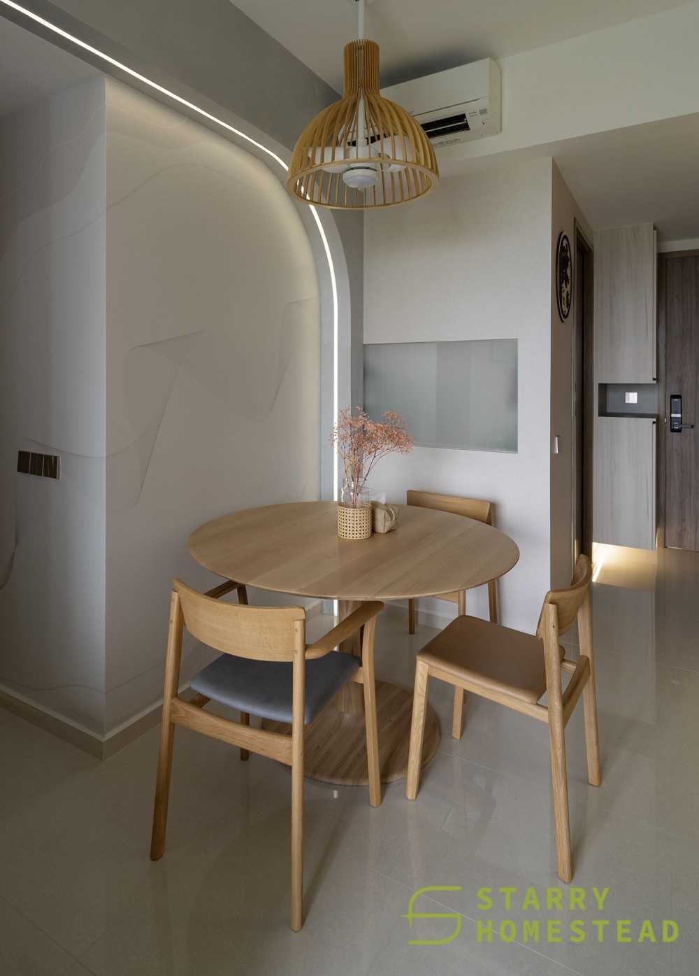 Scandinavian Dining Room with Drop Light and Flooring
