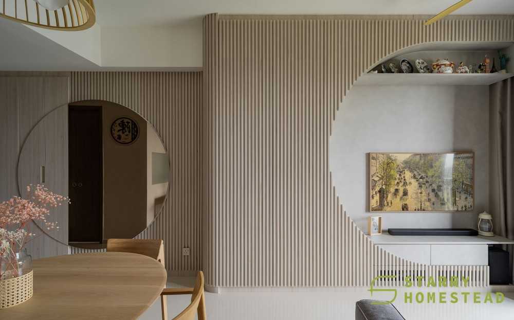 Scandinavian Living Room with Feature Wall and Mirror
