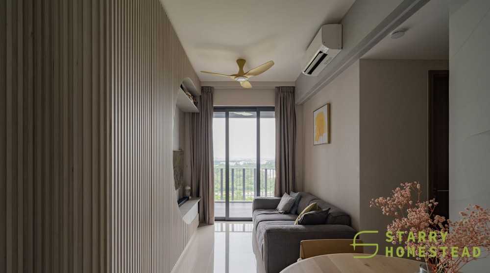 Scandinavian Living Room with Feature Wall and Ceiling Fan