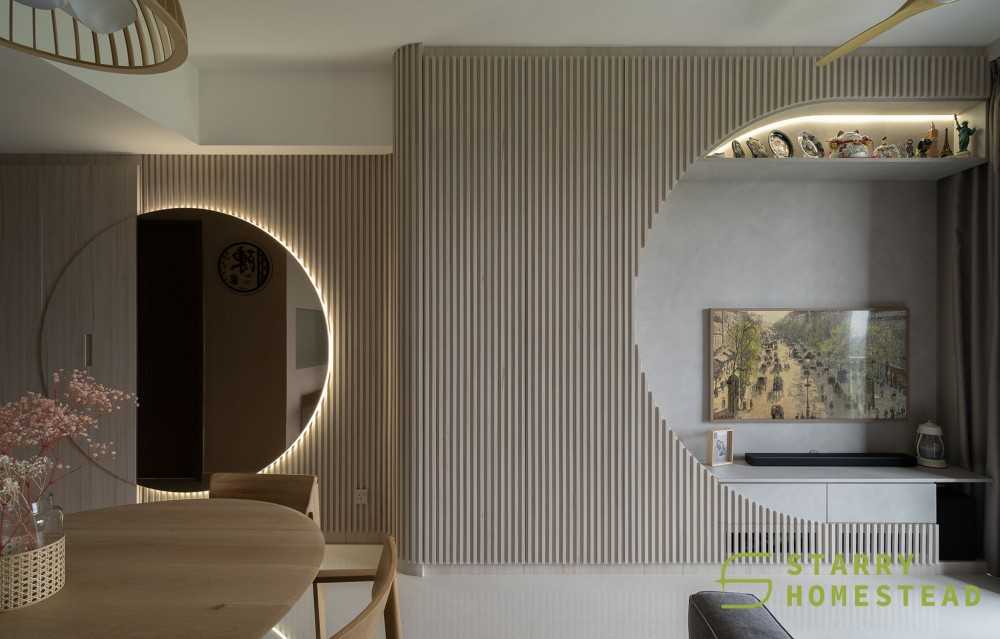 Scandinavian Living Room with Feature Wall and Mirror