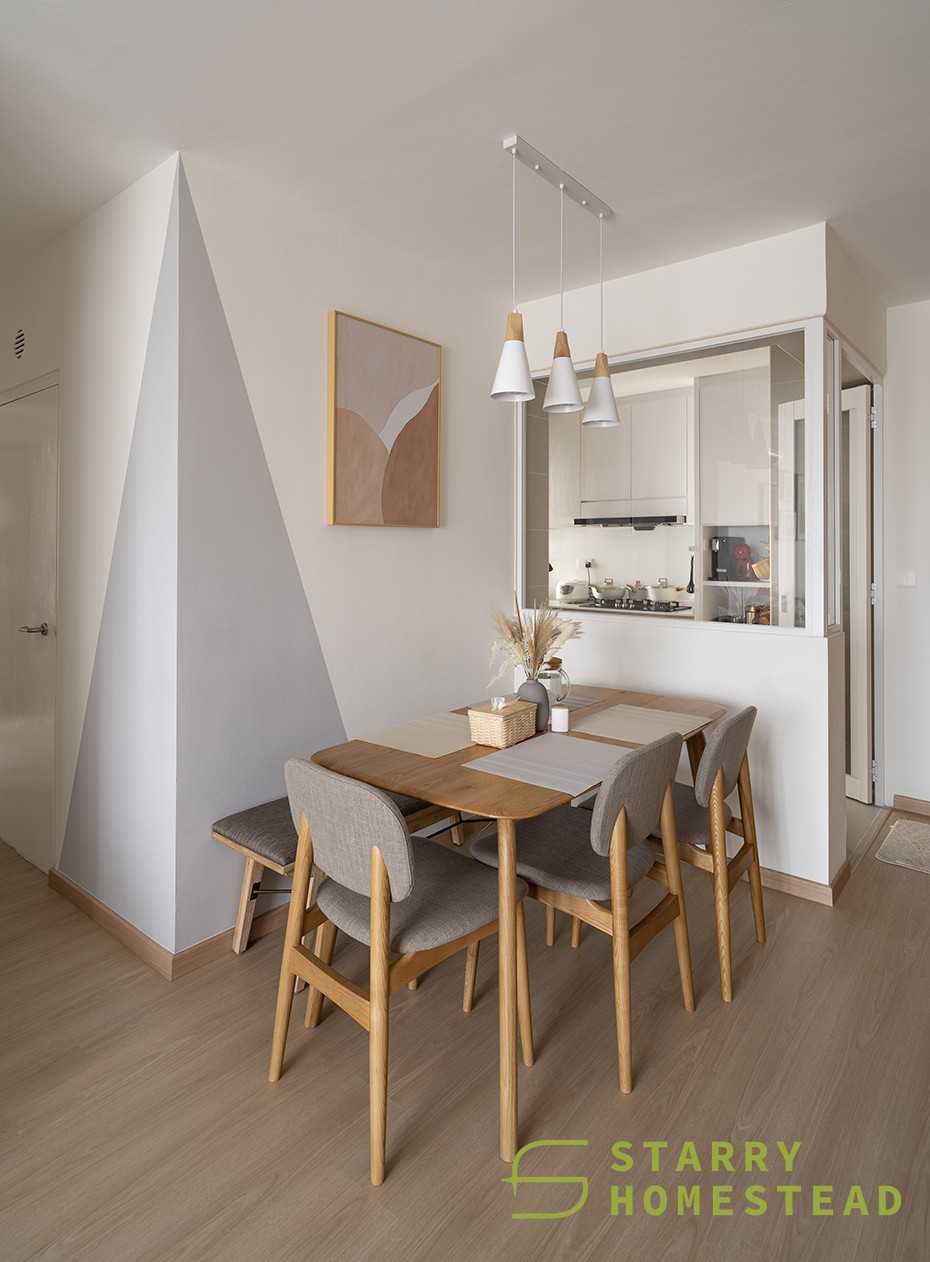 Scandinavian Dining Room with Feature Wall and Drop Light