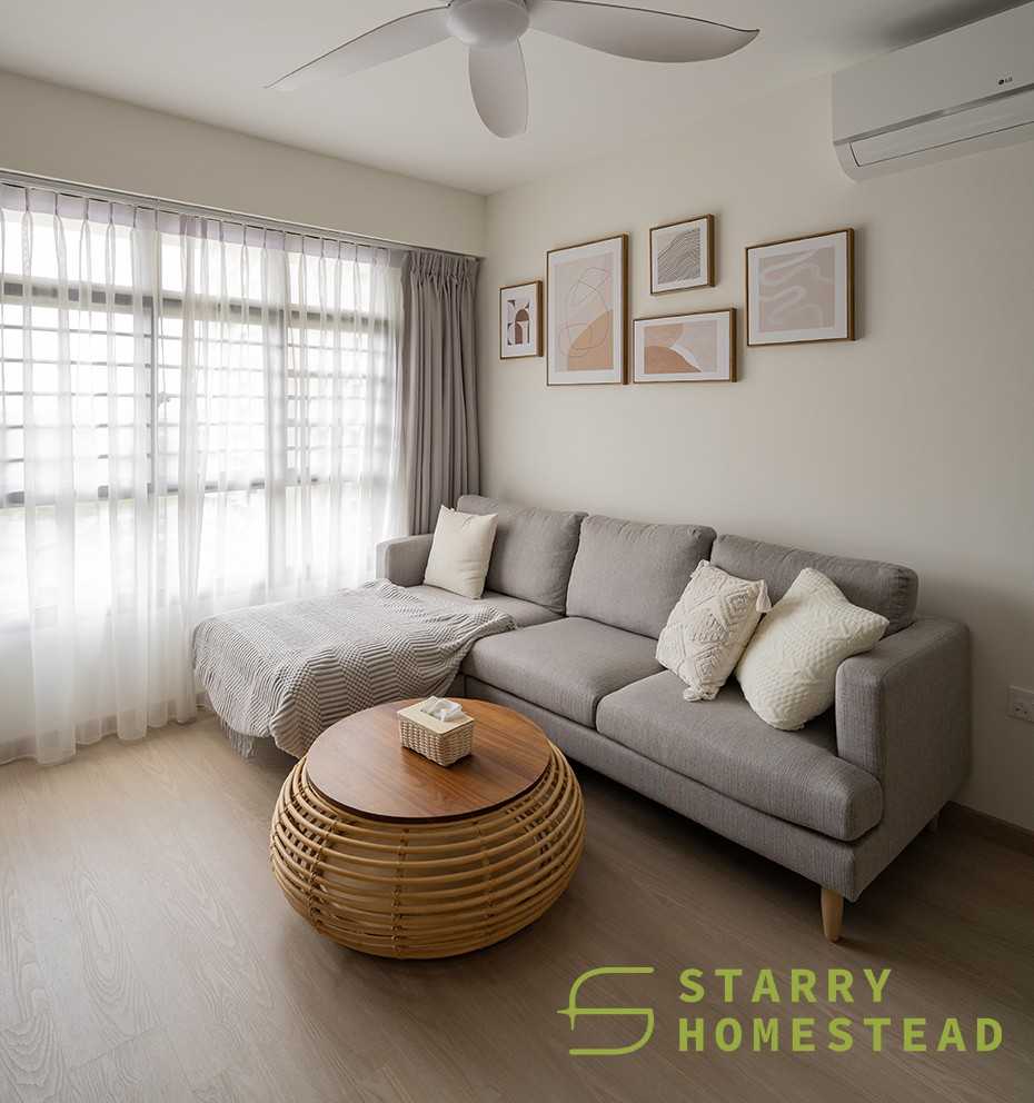 Scandinavian Living Room with Ceiling Fan and Flooring