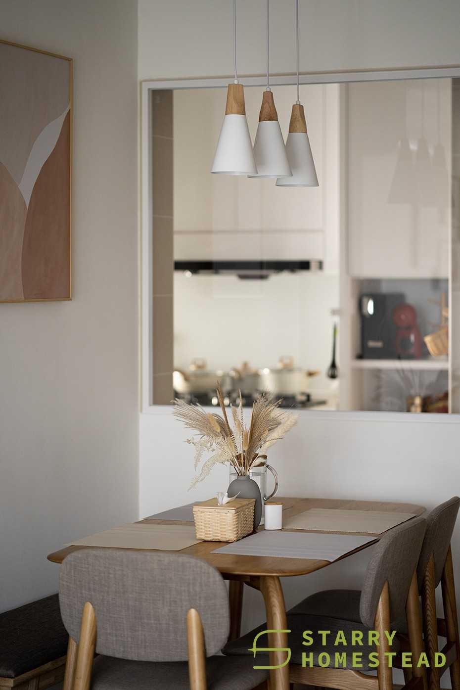 Scandinavian Dining Room with Feature Wall and Drop Light