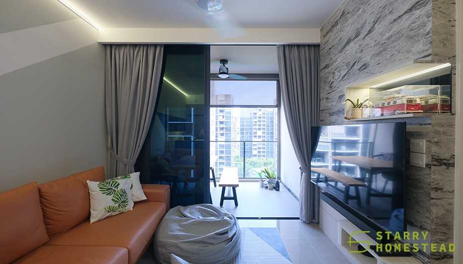 Eclectic Living Room with TV Console and Feature Wall