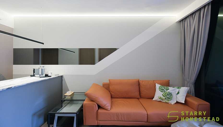 Eclectic Living Room with Drop Light and Mirror