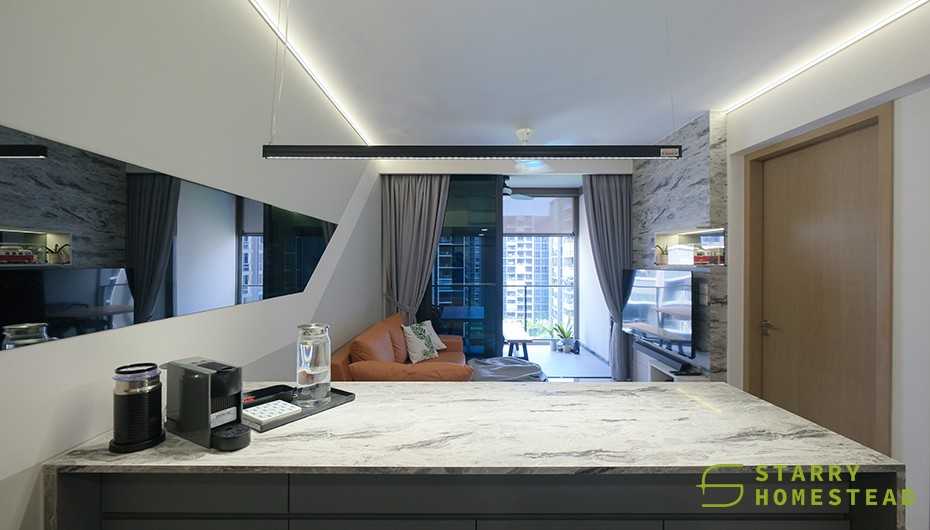 Eclectic Dining Room with Countertop and Drop Light