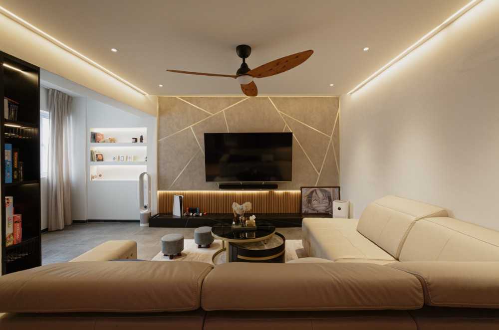 Modern Living Room with Bookshelf and Homogeneous Tiles