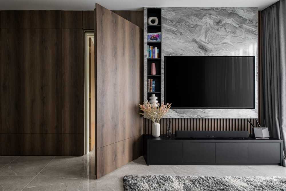 Contemporary Living Room with Homogeneous Tiles and Feature Wall