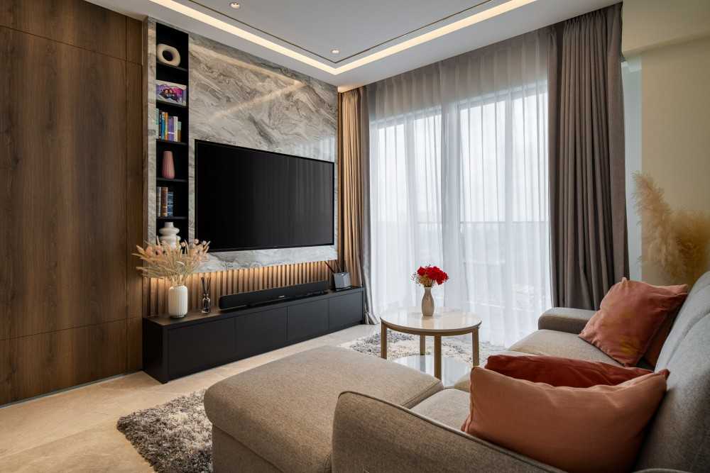 Contemporary Living Room with TV Console and Feature Wall