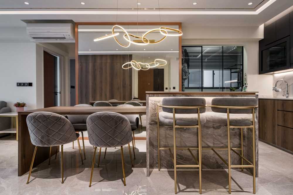 Contemporary Living Room with Feature Wall and Chandelier