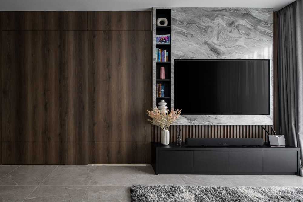 Contemporary Living Room with TV Console and Feature Wall