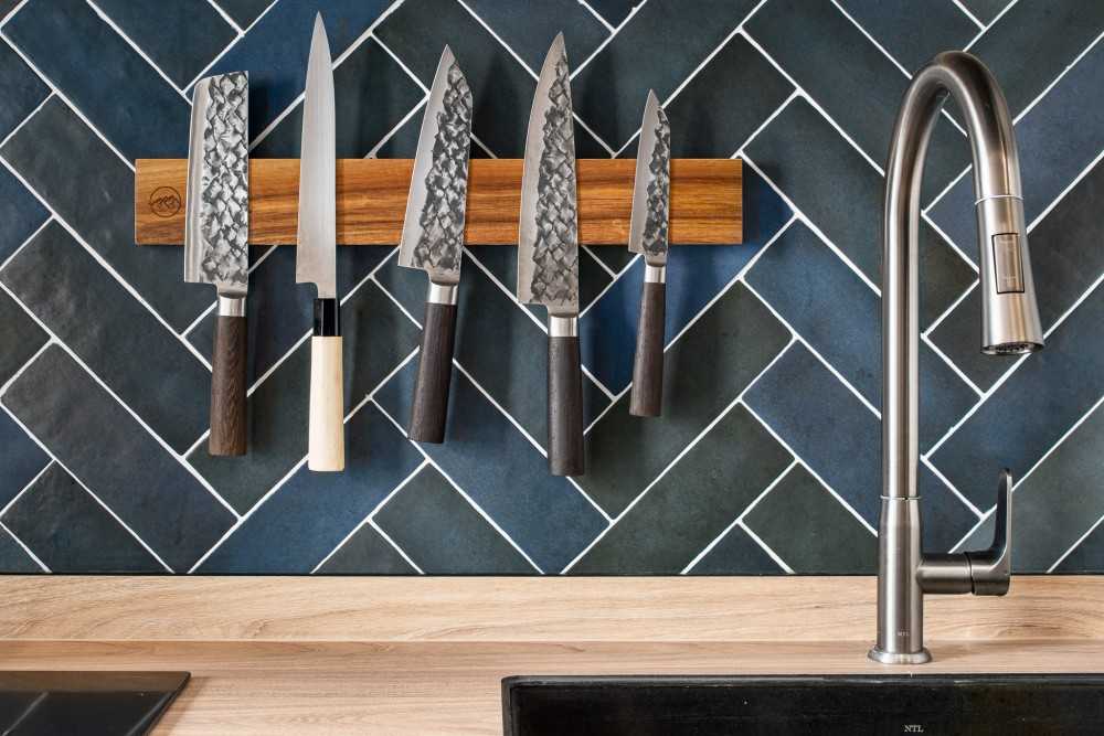 Eclectic Kitchen with Countertop and Herringbone Tiling