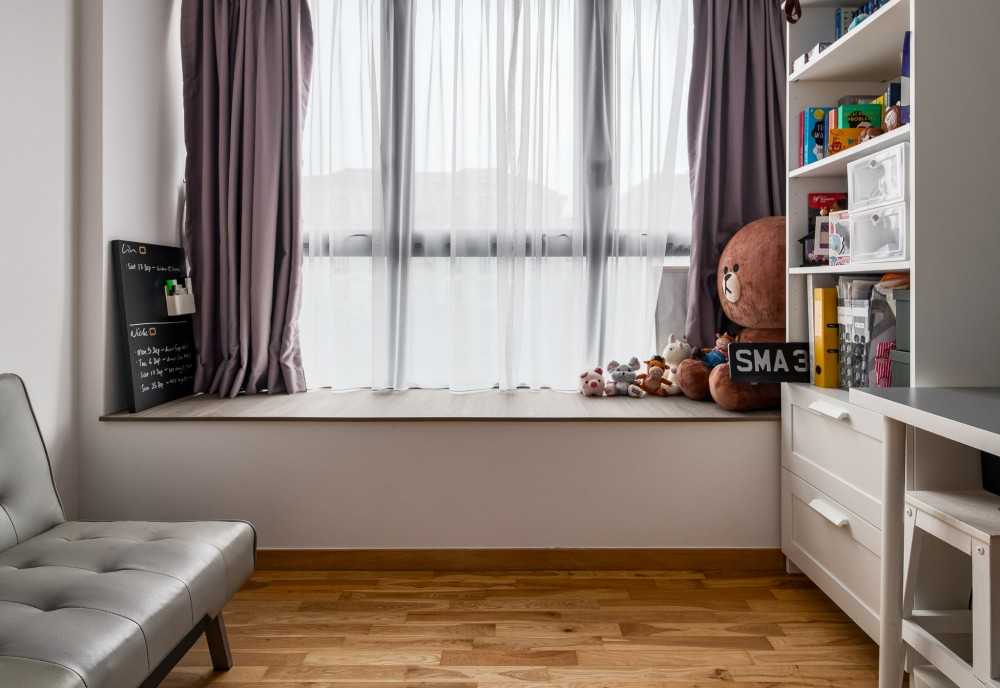 Scandinavian Bedroom with Bookshelf and Parquet Floor