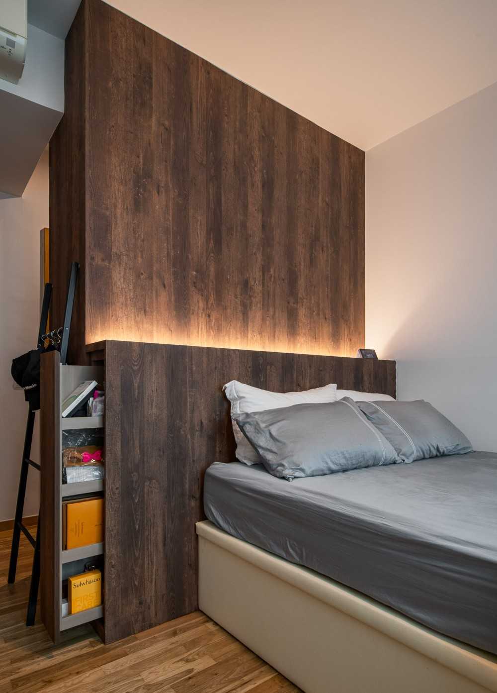 Scandinavian Bedroom with Platform Bed and Vinyl Flooring
