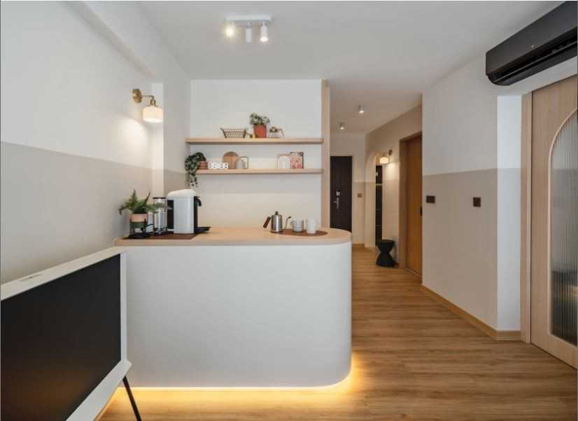 Scandinavian Living Room with Drop Light and Flooring